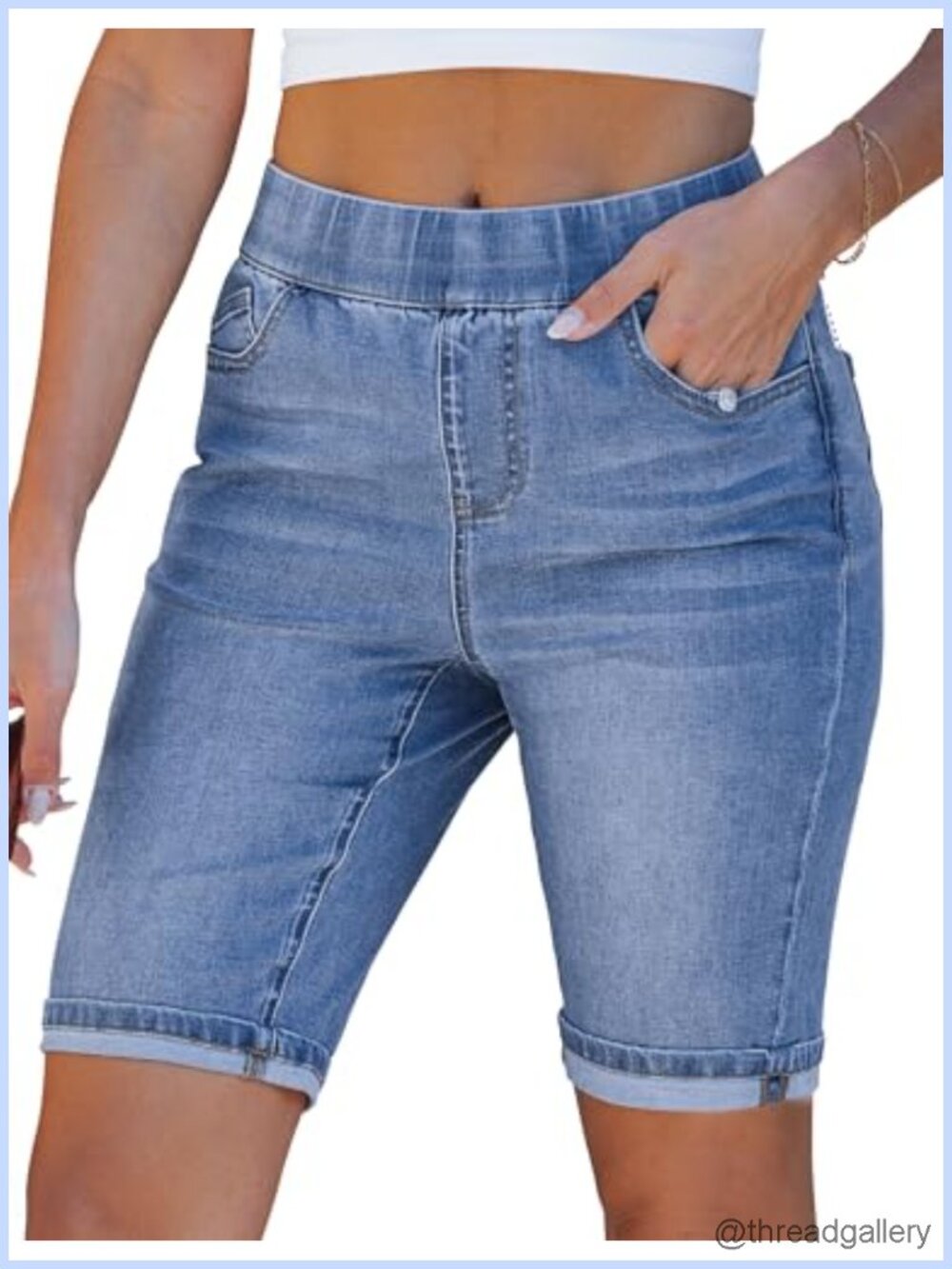 Women's High Waisted Pull On Elastic Denim Bermuda Shorts 10" Inseam Fold Hem